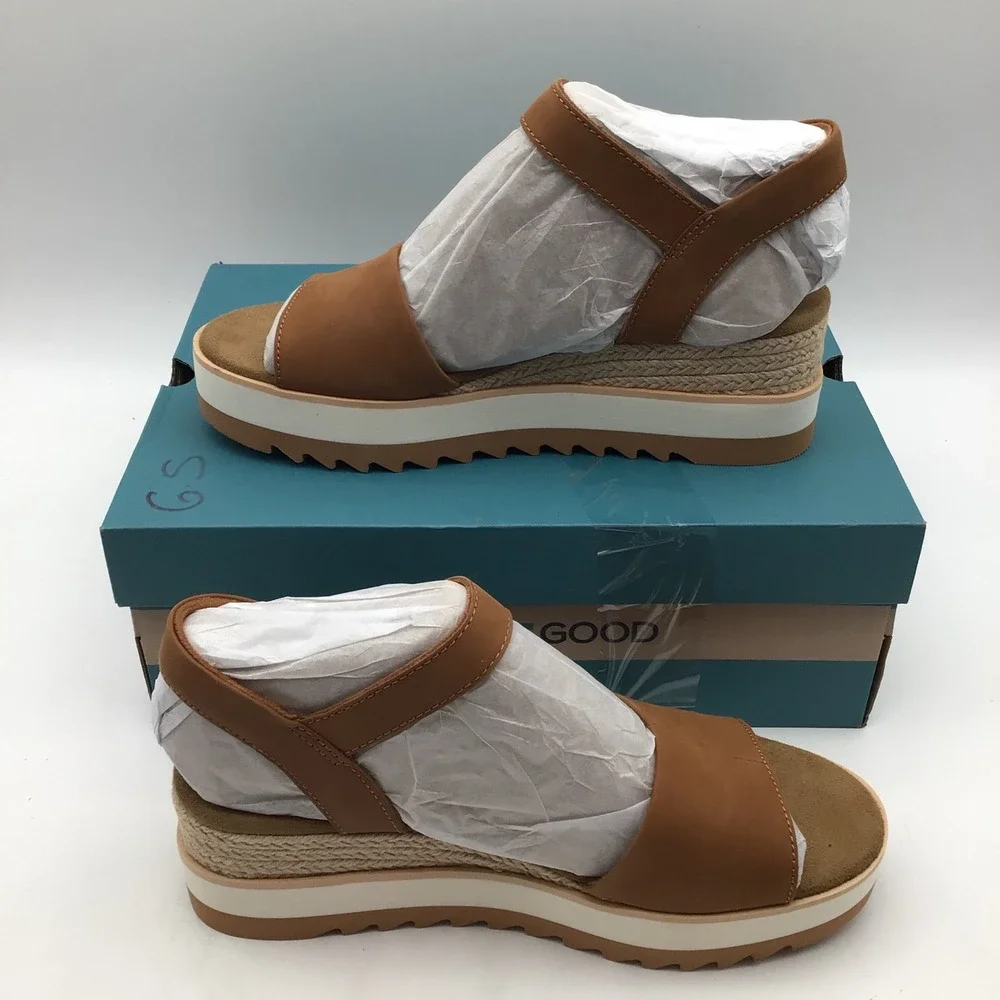 TOMS Diana Tan Leather Platform Wedge Sandals 10019757 Womens Size 9.5 NEW